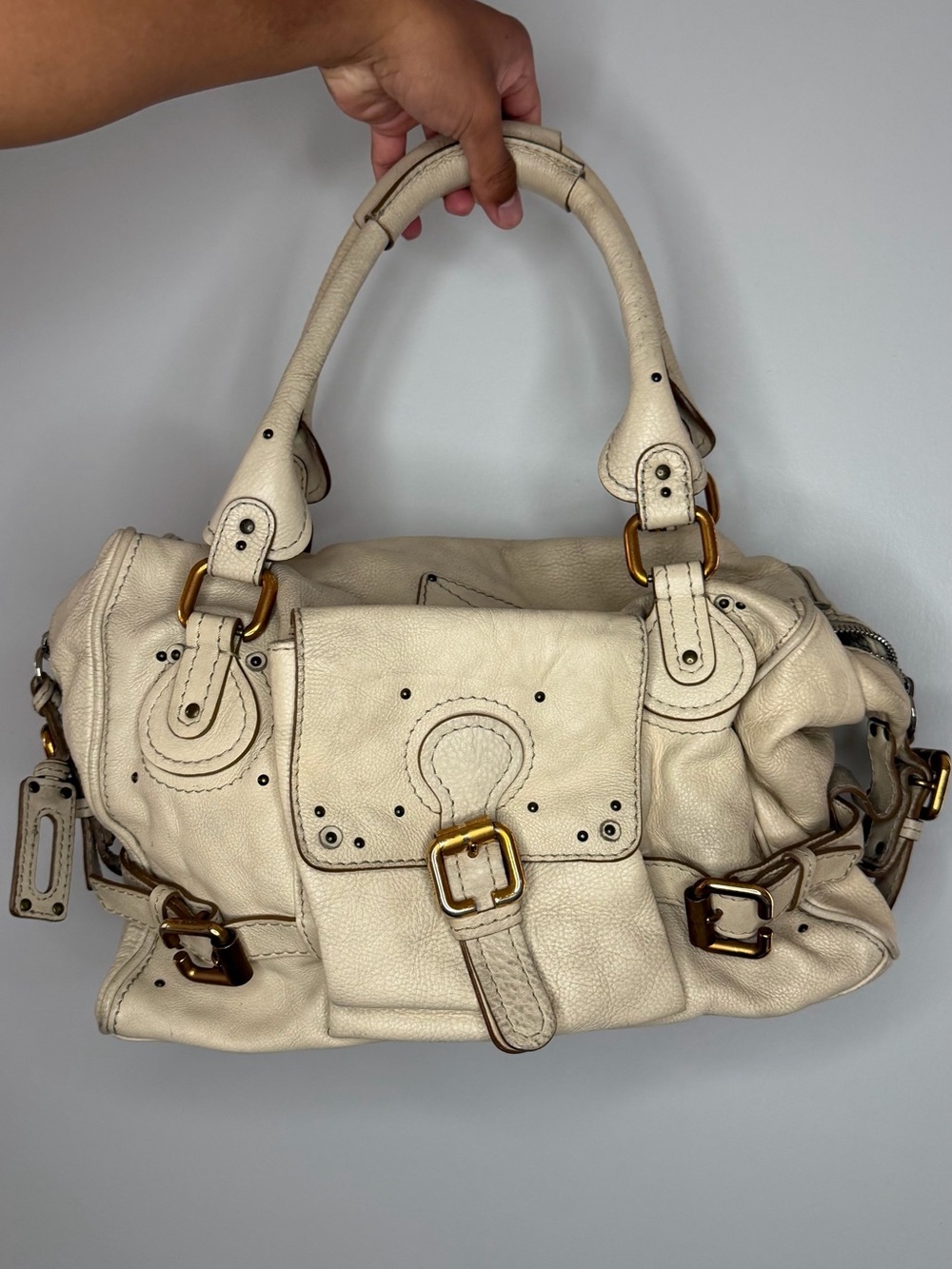 Chloe Cream Leather Shoulder Bag with Gold Hardware